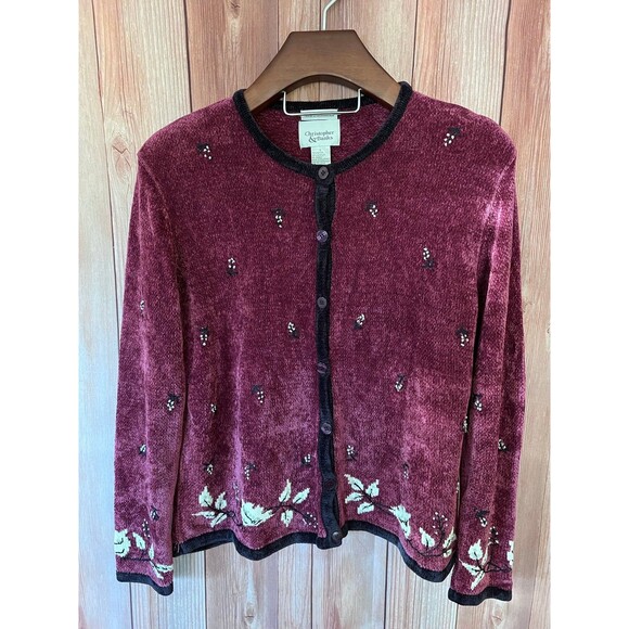 CHRISTOPHER & BANKS Velour Cardigan Sweater Hand Embroidered Size M (Bx 12) - Picture 1 of 9